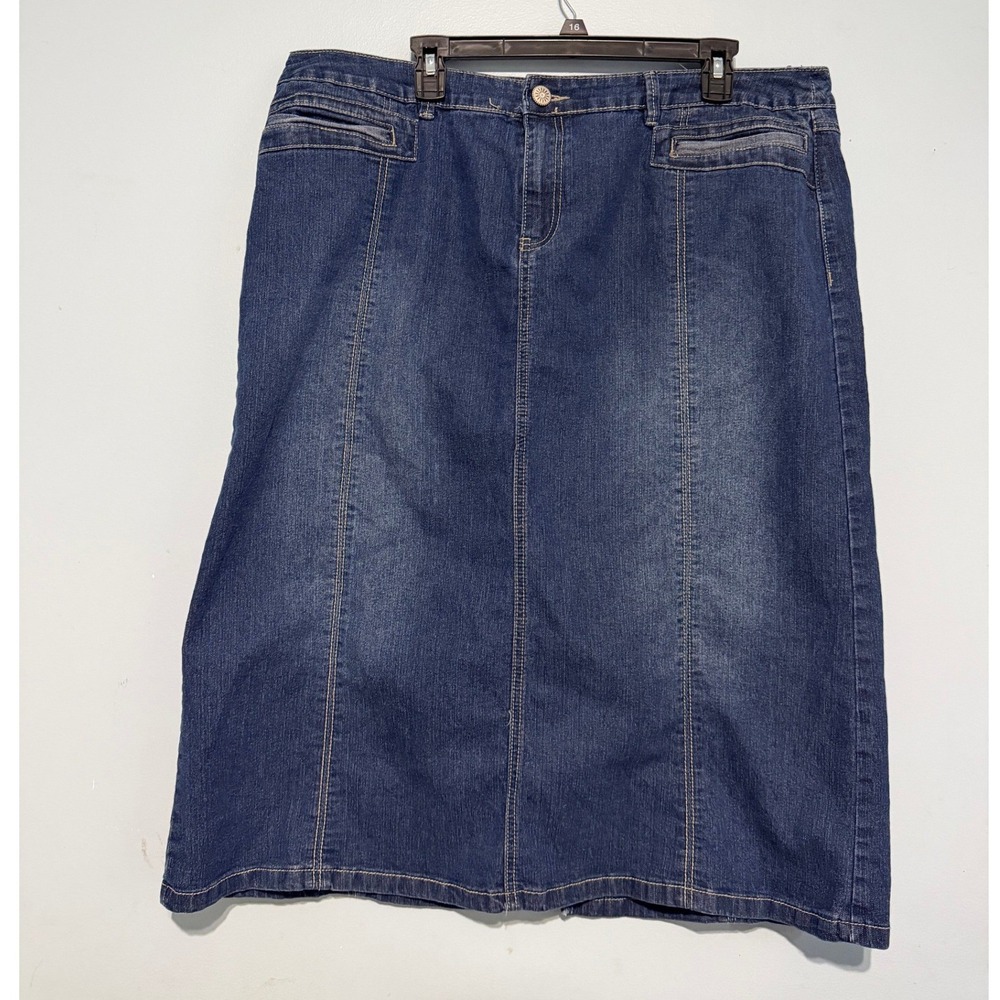 Avenue Denim Women's Size 18 Blue Midi Jean Skirt Dark Wash Stretch Slit Hem